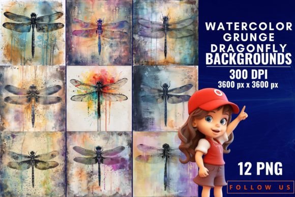 Watercolor Grunge Dragonfly Backgrounds
